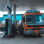 A bus at a gas station
