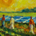 A painting of farmers in a field with solar panels