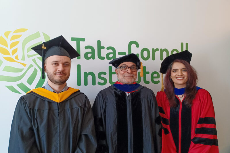 Whitman Barret, Prabhu Pingali, and Vanisha Sharma wearing academic regalia.