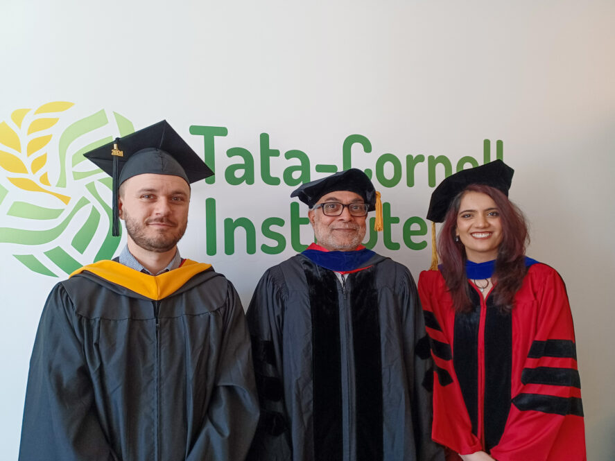 Whitman Barret, Prabhu Pingali, and Vanisha Sharma wearing academic regalia.
