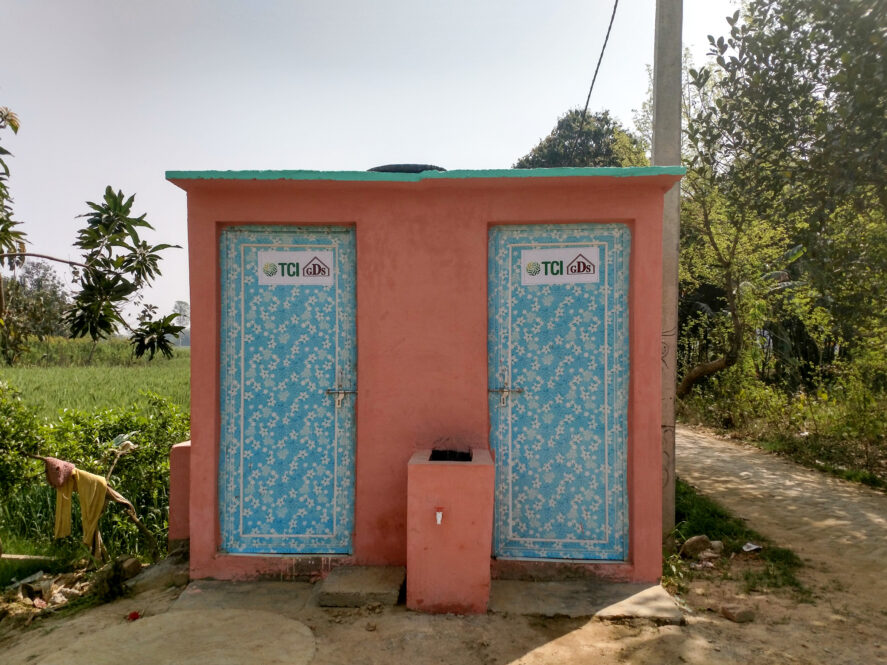 A public bathroom in India with two doors